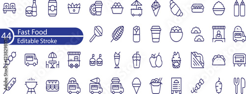 Fast Food Editable Icons set. Vector illustration in modern thin line style of restaurant menu related icons. burger, French fries, desserts, and more.