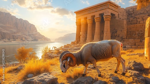 Vibrant scene of a sacred ram grazing near a temple symbolizing the god Khnum with the Nile in the background and golden sunlight shining down photo