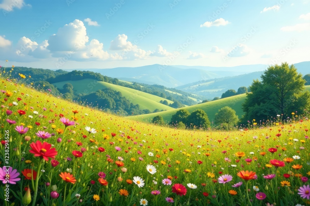 Rolling hills covered in a blanket of wildflowers swaying gently in the breeze, scenery, blossoms Rolling hills covered in a blanket of wildflowers swaying gently in the breeze, scenery, blossoms