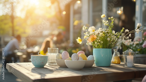屋外カフェのテラスで楽しむイースターエッグと小物の洗練されたディスプレイ