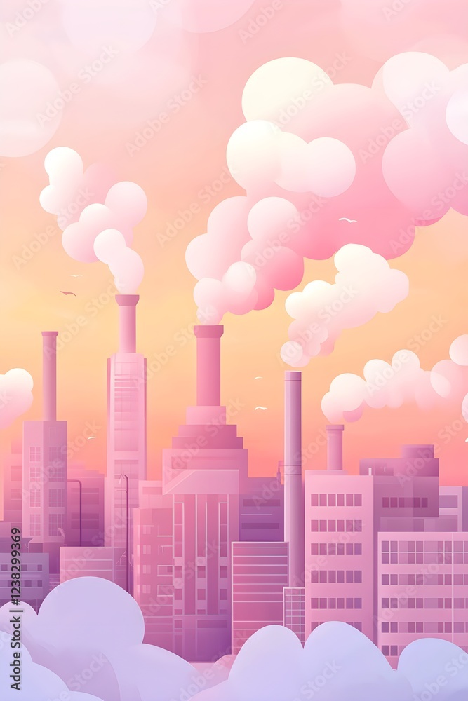 Fototapeta premium A flat illustration of an industrial plant with smokestacks and chemical equipment, set against the backdrop of a sky in soft pastel colors. The style is minimalist vector art, focusing on clean