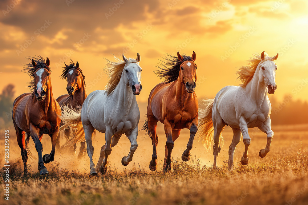 Fototapeta premium Five horses galloping through a field at sunset, creating a dynamic and vibrant scene.