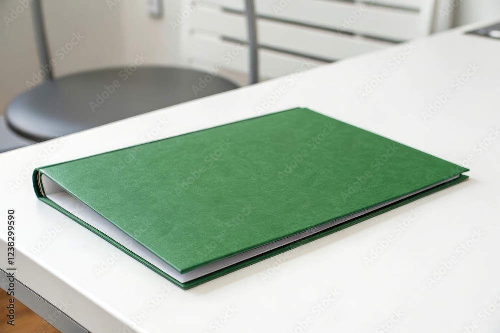 Fototapeta premium Single green folder placed on a white surface with grey frame, desk organizer, green folder, paper files, office decor