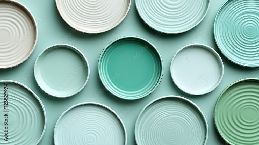 Elegant Arrangement of Round Ceramic Plates in Soft Pastels with Textured Surface Designs on a Mint Background Elegant Arrangement of Round Ceramic Plates in Soft Pastels with Textured Surface Designs on a Mint Background
