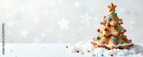 Royal icing decorated gingerbread tree on white background with snowflakes, winter, seasonal