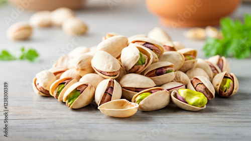 pistachios on a wooden surface ready for snacking or cooking