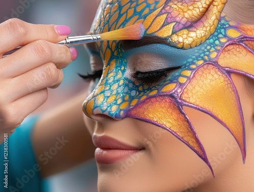 A colorful face painting process showcasing intricate designs with vibrant colors and scales, transforming the model into a fantasy creature.