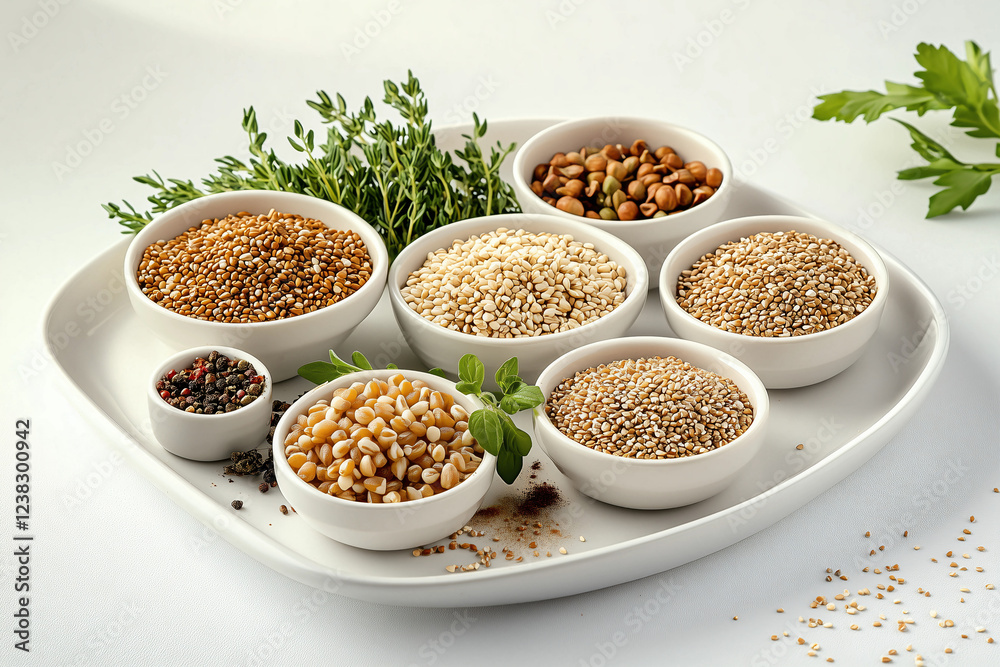 Variety of seeds and herbs displayed in bowls highlighting natural ingredients and cooking essentials Variety of seeds and herbs displayed in bowls highlighting natural ingredients and cooking essentials