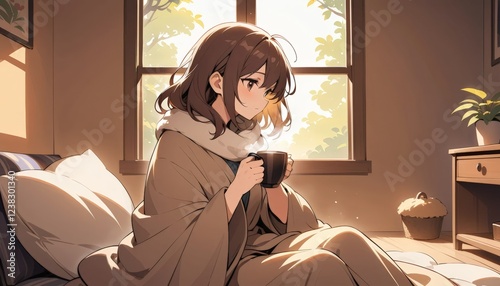 A young woman wrapped in a cozy blanket, sipping coffee by a sunny window, evoking feelings of warmth and comfort in a peaceful indoor setting