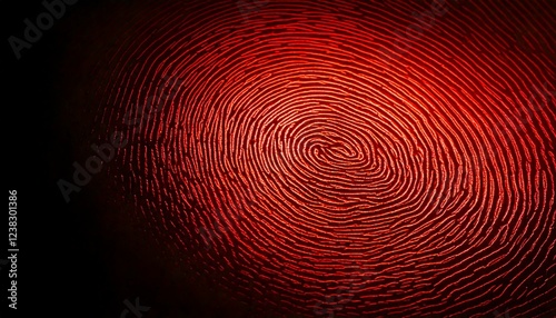 Close-up of a human fingerprint under blue forensic light, revealing intricate ridge patterns and textures, with soft shadows and an empty space