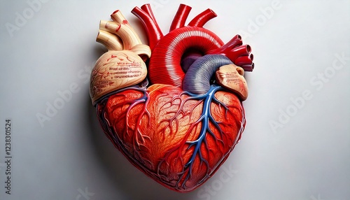 Anatomy of the human heart with labeled sections, realistic textures, placed on a white background with an empty space