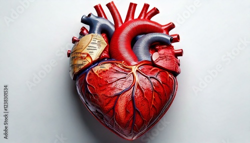 Anatomy of the human heart with labeled sections, realistic textures, placed on a white background with an empty space