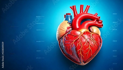 Anatomy of the human heart with labeled sections, realistic textures, placed on a blue background with an empty space