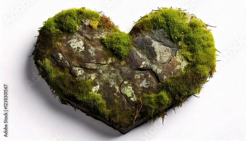 Rustic stone sign with moss and cracks, heart shape, isolated on a white background, leaving a clear empty space