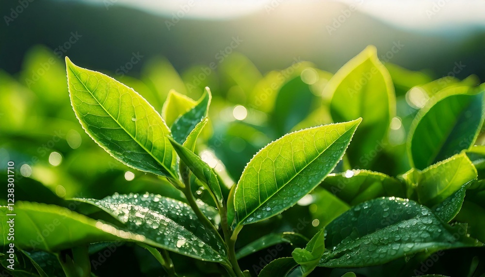 Close-up of fresh green tea leaves covered in morning dew, with detailed veins and a natural blurred background, leaving space for text placement Close-up of fresh green tea leaves covered in morning dew, with detailed veins and a natural blurred background, leaving space for text placement