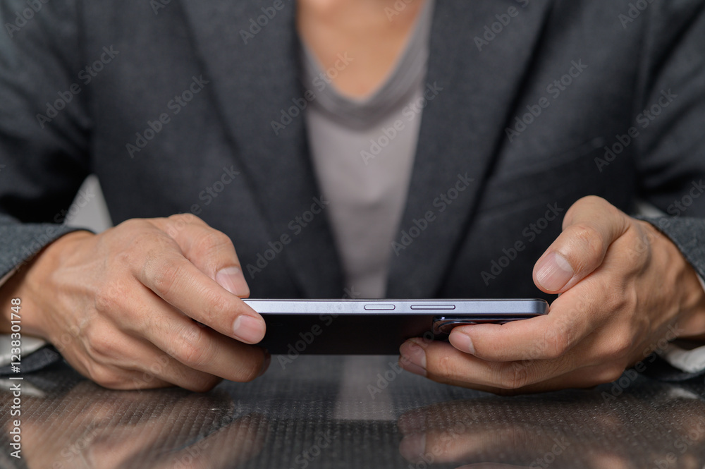 Businessman Holding Smartphone in Formal Attire at Modern Workspace Businessman Holding Smartphone in Formal Attire at Modern Workspace