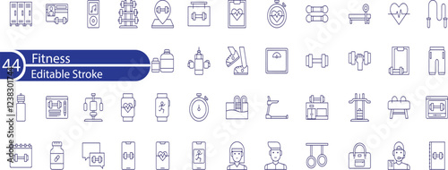 Fitness Line Editable Icons set. Vector illustration in modern thin line style of sport related icons. types of physical activity, proper nutrition, and sports equipment.