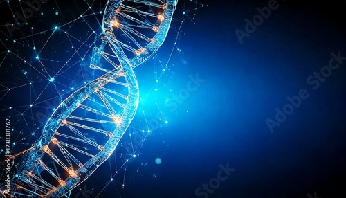 Futuristic glowing DNA strands interconnected by blue energy pulses, isolated on a dark gradient background with a large empty space for text