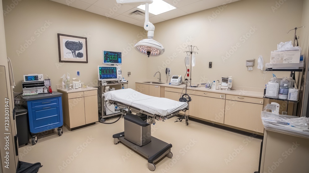 High-tech surgery suite featuring a patient monitor, anesthesia machine, and advanced robotic arms.