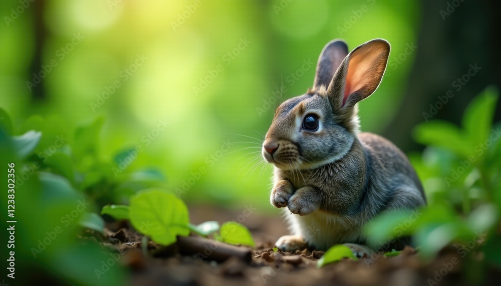 Fototapeta premium Shy grey bunny hiding under leaves with paws tucked in, forest, paws