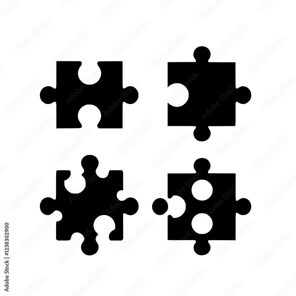 Abstract Puzzle Pieces: Simple Black and White Jigsaw Icons. Perfect for game design, problem-solving, and strategy concepts. Abstract Puzzle Pieces: Simple Black and White Jigsaw Icons. Perfect for game design, problem-solving, and strategy concepts.