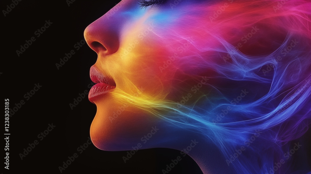 Woman profile with colorful light trails flowing through hair against black background, expressing creativity concept Woman profile with colorful light trails flowing through hair against black background, expressing creativity concept