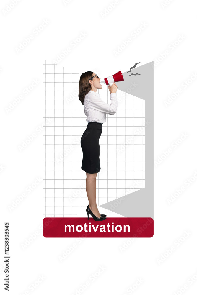Image poster collage artwork picture of beautiful lady announcing important news secrets for successful work isolated on drawing background Image poster collage artwork picture of beautiful lady announcing important news secrets for successful work isolated on drawing background