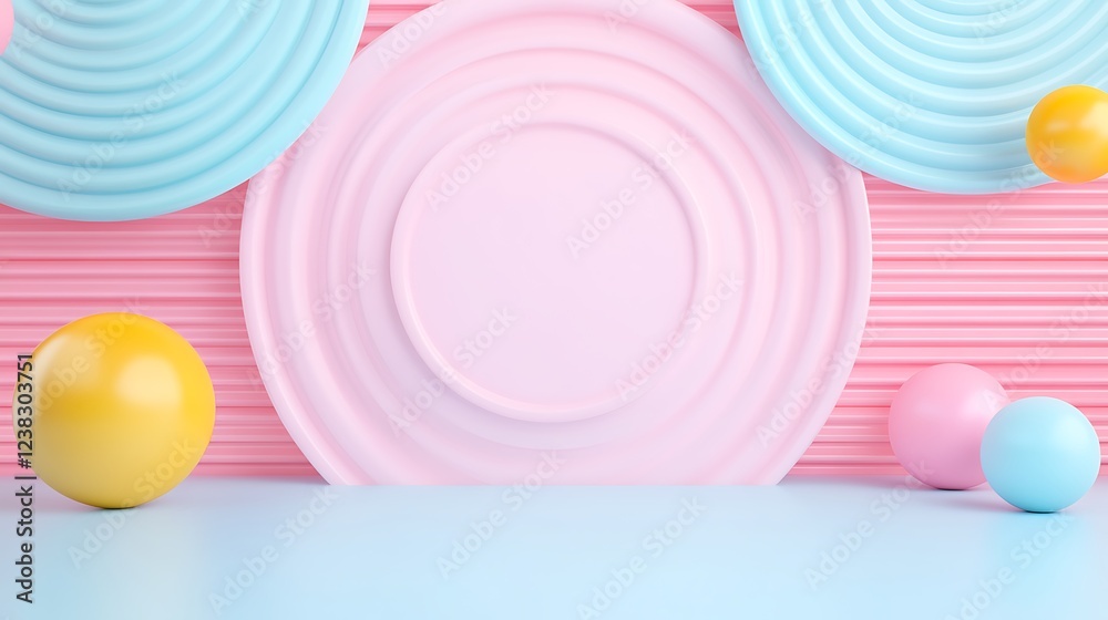 Obraz premium Soft Pastel Plates and Colorful Spheres on a Striped Background for Creative Minimalist Design