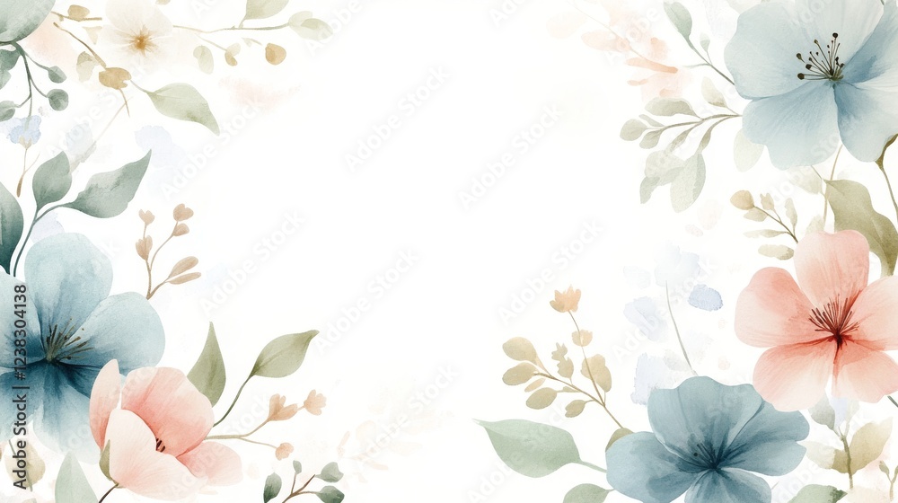 Naklejka premium 26.A beautiful hand-painted watercolor wreath featuring a mix of blue, pink, and green flowers. The wreath is designed with delicate leaves and soft petals, each bloom uniquely painted with subtle