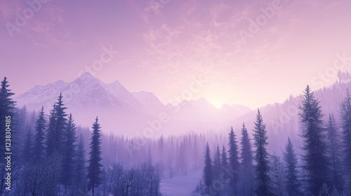 61.A beautiful winter panorama with a snow-covered forest stretching out under a soft, purple morning sky. The sunlight gently touches the tops of the trees, casting long, soft shadows over the snow.