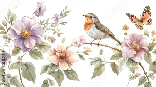 Fototapeta Naklejka Na Ścianę i Meble -  28.A charming vintage watercolor collection of delicate flowers, butterflies, a robin bird perched gracefully on a branch, and gently swaying leaves. The flowers are painted in soft pastel tones of
