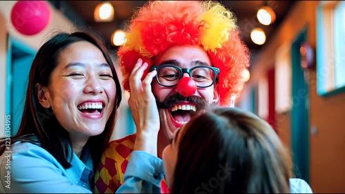 A clown with bright hair and glasses smiles broadly. In the background, blurry lights and balloons. The camera focuses on the face. Generated by AI
