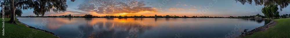 A stunning panoramic view of the vibrant orange and yellow sunset sky, with fluffy clouds creating an enchanting backdrop for your message or product. Captured with a wide-angle lens, this image A stunning panoramic view of the vibrant orange and yellow sunset sky, with fluffy clouds creating an enchanting backdrop for your message or product. Captured with a wide-angle lens, this image