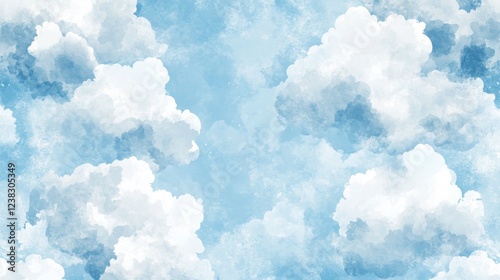 46.A cute, minimalistic seamless pattern of white cartoon clouds against a soft blue watercolor sky. The clouds are fluffy, with rounded, smooth edges, painted in gentle shades of white and soft photo