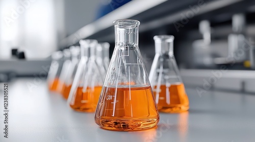 A laboratory scene featuring glass flasks filled with orange liquid.