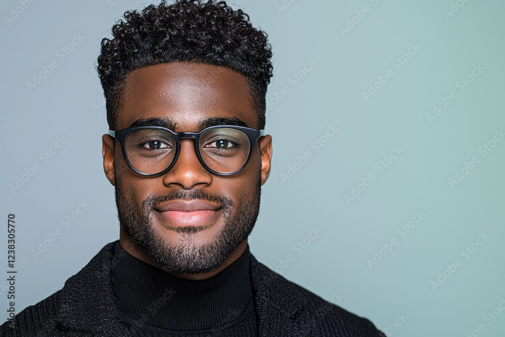Fototapeta premium A bright, close-up portrait capturing a young Black manâ€™s friendly smile, his glasses reflecting soft studio light as he looks confidently at the camera,