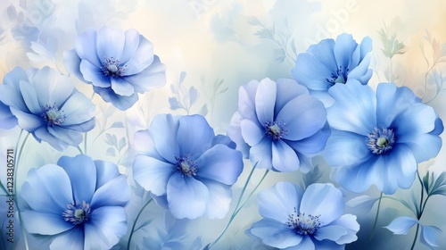 5.A detailed vector representation of blue flowers painted in watercolor, focusing on a variety of blooms in different stages of growth. The flowers are painted in layers of blue hues, from light