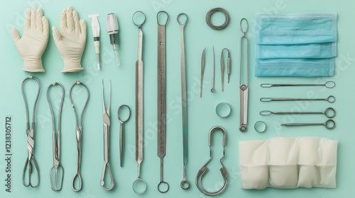 Overhead view of a neatly arranged set of obstetric examination tools, such as speculums, forceps, and gloves. photo