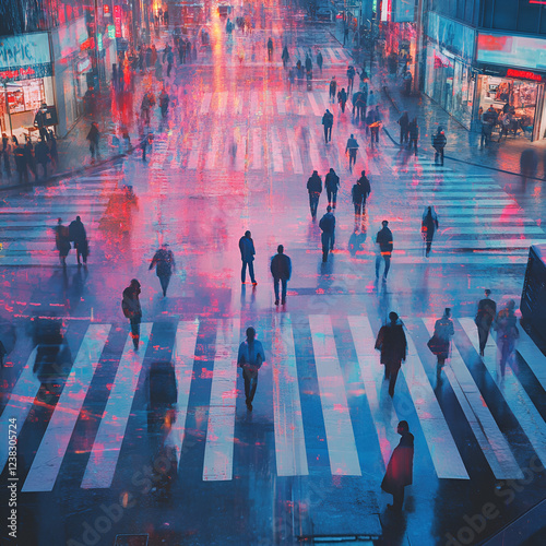 people walking in the city, Futuristic Urban Crosswalk, City Crosswalk
Neon Streets
Urban Landscape
Futuristic Crossing
Street Lights
City Life