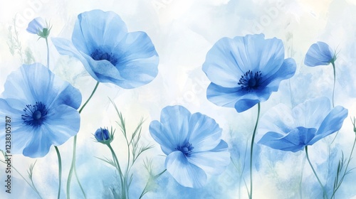 5.A detailed vector representation of blue flowers painted in watercolor, focusing on a variety of blooms in different stages of growth. The flowers are painted in layers of blue hues, from light