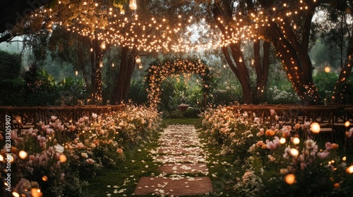 90.A dreamy outdoor wedding ceremony set in a lush garden, where flowers bloom vibrantly in the background. The ceremony area is illuminated by warm, glowing string lights hanging from tree branches,