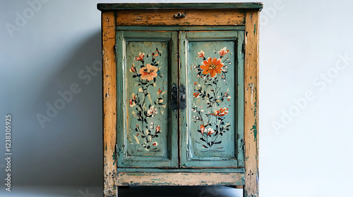 A wooden cabinet with floral designs on it