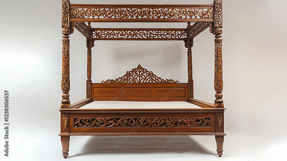 Fototapeta premium A wooden bed with a canopy and a headboard