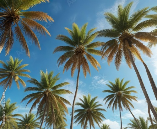 Wallpaper Mural Palm trees swaying in the wind with their fronds stretching towards the blue sky, movement, palm trees Torontodigital.ca