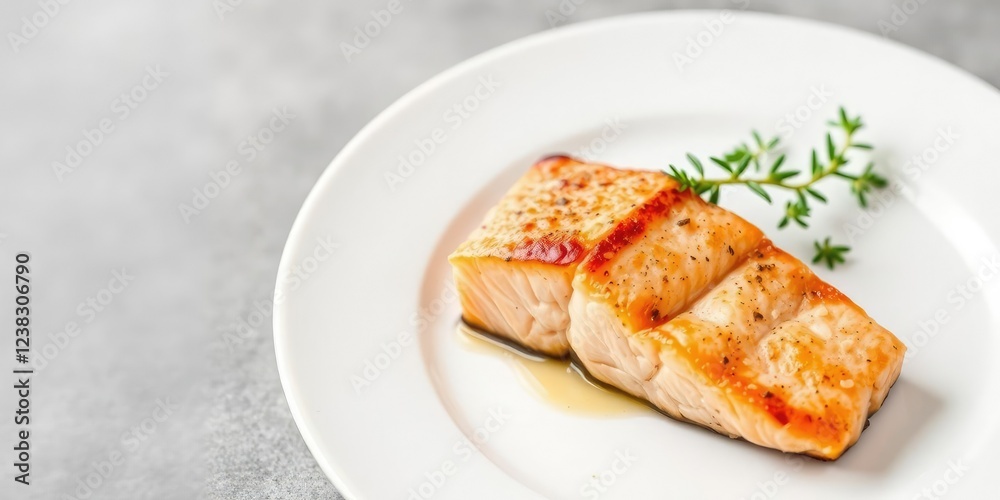 Pan-seared salmon fillet on a white plate, appetizing, fish, fish Pan-seared salmon fillet on a white plate, appetizing, fish, fish
