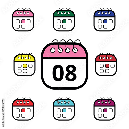 Collection of colorful calendar icons for websites and graphic resources, Calendar icon with specific day marked, day 08.