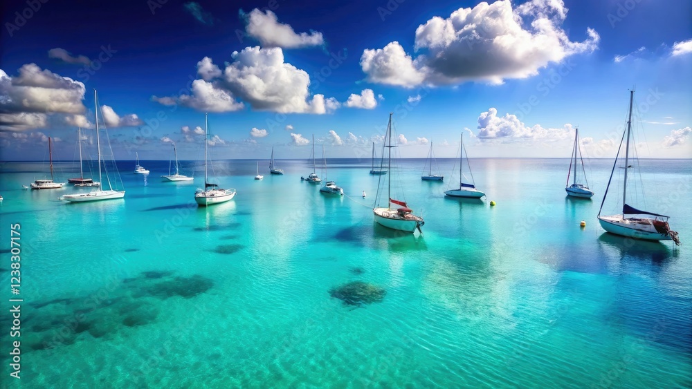 Obraz premium Peaceful ocean landscape with sailboats and yachts gliding effortlessly on calm turquoise water, calm sea, ocean