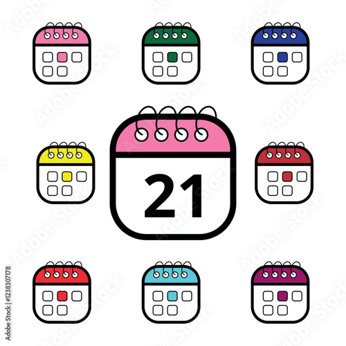 Collection of colorful calendar icons for websites and graphic resources, Calendar icon with specific day marked, day 21.