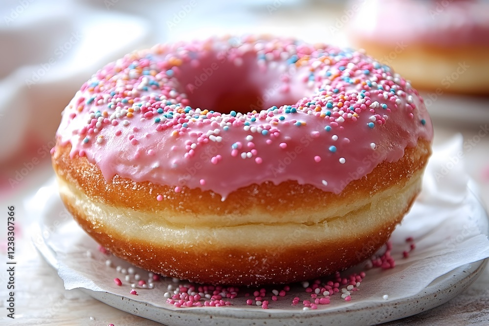 Colorful Sprinkle-Dusted Pink Icing Donut on Ceramic Plate Colorful Sprinkle-Dusted Pink Icing Donut on Ceramic Plate