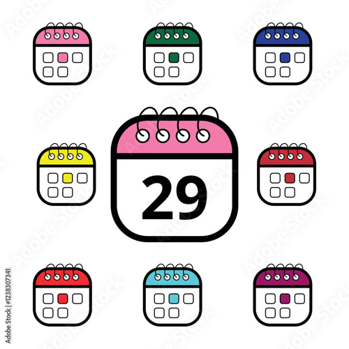 Collection of colorful calendar icons for websites and graphic resources, Calendar icon with specific day marked, day 29.